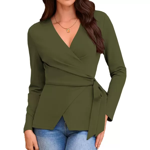 imageGRACE KARIN 2024 Womens Wrap V Neck Blouses Dressy Casual Long Sleeve Shirts Ruched Tie Front Wear to Work Peplum TopsArmy Green