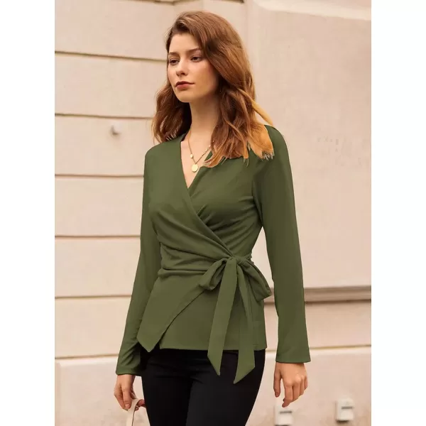 imageGRACE KARIN 2024 Womens Wrap V Neck Blouses Dressy Casual Long Sleeve Shirts Ruched Tie Front Wear to Work Peplum TopsArmy Green