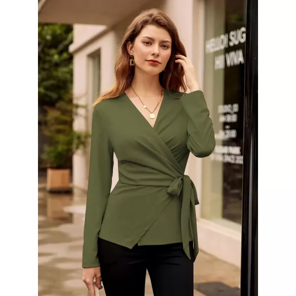 imageGRACE KARIN 2024 Womens Wrap V Neck Blouses Dressy Casual Long Sleeve Shirts Ruched Tie Front Wear to Work Peplum TopsArmy Green