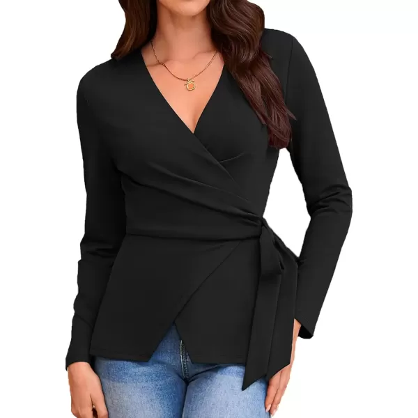 imageGRACE KARIN 2024 Womens Wrap V Neck Blouses Dressy Casual Long Sleeve Shirts Ruched Tie Front Wear to Work Peplum TopsBlack