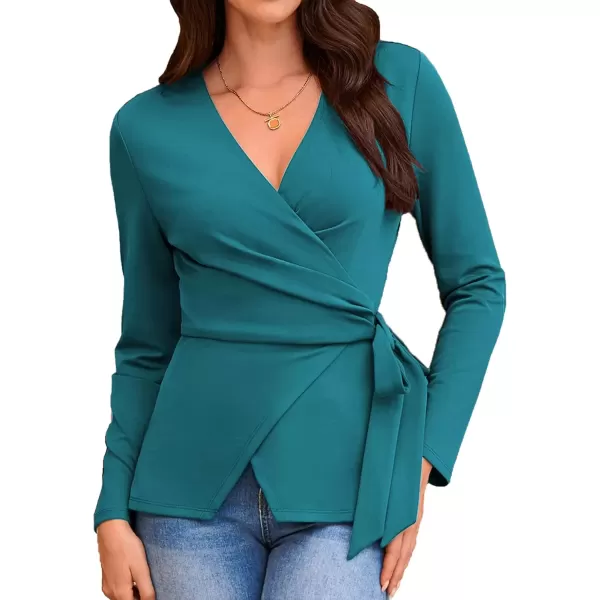 imageGRACE KARIN 2024 Womens Wrap V Neck Blouses Dressy Casual Long Sleeve Shirts Ruched Tie Front Wear to Work Peplum TopsBlue Green