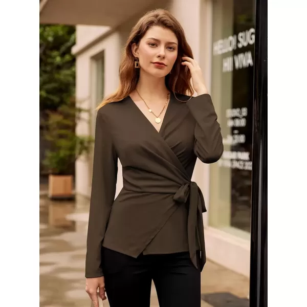 imageGRACE KARIN 2024 Womens Wrap V Neck Blouses Dressy Casual Long Sleeve Shirts Ruched Tie Front Wear to Work Peplum TopsBrown