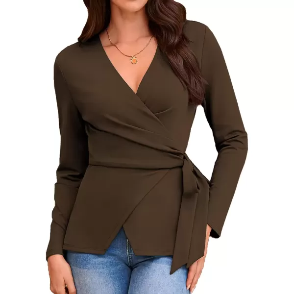 imageGRACE KARIN 2024 Womens Wrap V Neck Blouses Dressy Casual Long Sleeve Shirts Ruched Tie Front Wear to Work Peplum TopsBrown