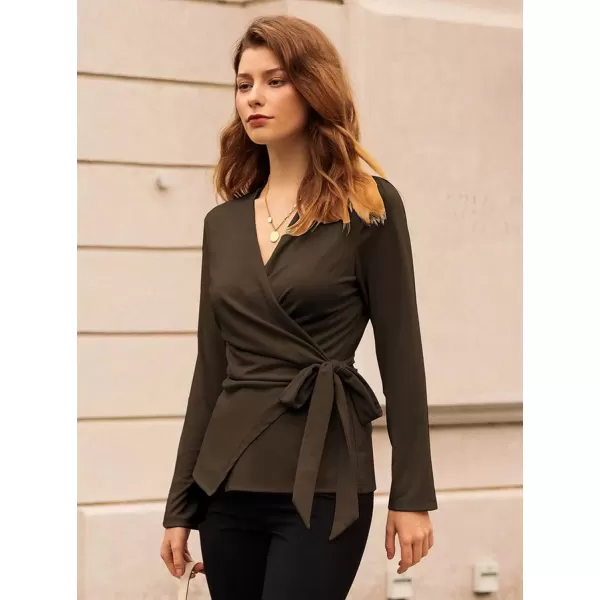 imageGRACE KARIN 2024 Womens Wrap V Neck Blouses Dressy Casual Long Sleeve Shirts Ruched Tie Front Wear to Work Peplum TopsBrown