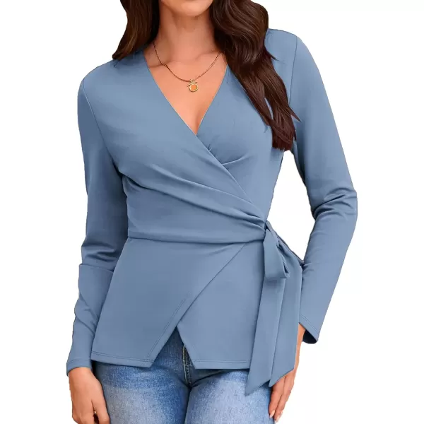 imageGRACE KARIN 2024 Womens Wrap V Neck Blouses Dressy Casual Long Sleeve Shirts Ruched Tie Front Wear to Work Peplum TopsGray Blue