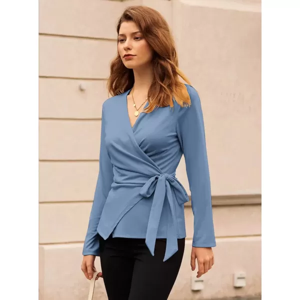 imageGRACE KARIN 2024 Womens Wrap V Neck Blouses Dressy Casual Long Sleeve Shirts Ruched Tie Front Wear to Work Peplum TopsGray Blue