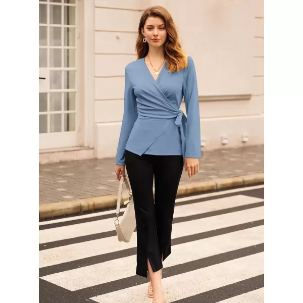 imageGRACE KARIN 2024 Womens Wrap V Neck Blouses Dressy Casual Long Sleeve Shirts Ruched Tie Front Wear to Work Peplum TopsGray Blue