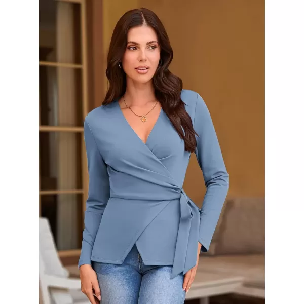 imageGRACE KARIN 2024 Womens Wrap V Neck Blouses Dressy Casual Long Sleeve Shirts Ruched Tie Front Wear to Work Peplum TopsGray Blue