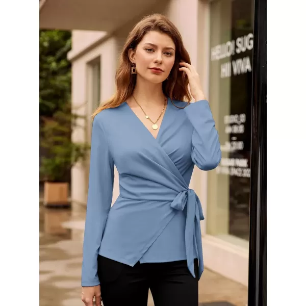 imageGRACE KARIN 2024 Womens Wrap V Neck Blouses Dressy Casual Long Sleeve Shirts Ruched Tie Front Wear to Work Peplum TopsGray Blue