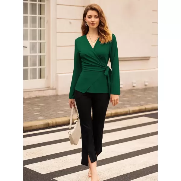 imageGRACE KARIN 2024 Womens Wrap V Neck Blouses Dressy Casual Long Sleeve Shirts Ruched Tie Front Wear to Work Peplum TopsGreen