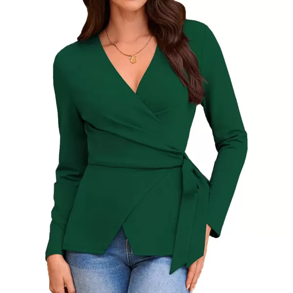 imageGRACE KARIN 2024 Womens Wrap V Neck Blouses Dressy Casual Long Sleeve Shirts Ruched Tie Front Wear to Work Peplum TopsGreen