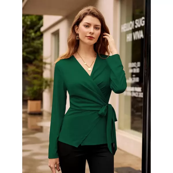 imageGRACE KARIN 2024 Womens Wrap V Neck Blouses Dressy Casual Long Sleeve Shirts Ruched Tie Front Wear to Work Peplum TopsGreen