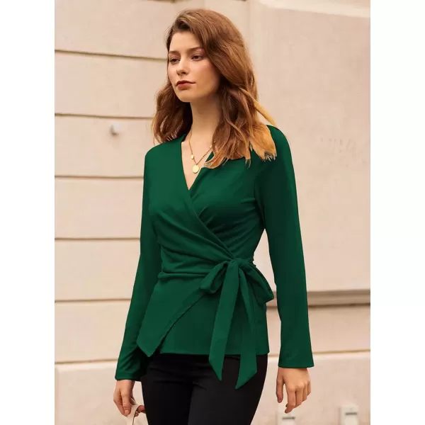 imageGRACE KARIN 2024 Womens Wrap V Neck Blouses Dressy Casual Long Sleeve Shirts Ruched Tie Front Wear to Work Peplum TopsGreen