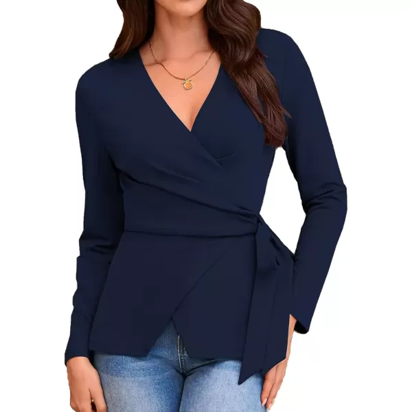 imageGRACE KARIN 2024 Womens Wrap V Neck Blouses Dressy Casual Long Sleeve Shirts Ruched Tie Front Wear to Work Peplum TopsNavy Blue