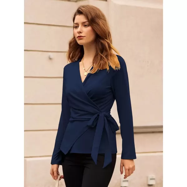 imageGRACE KARIN 2024 Womens Wrap V Neck Blouses Dressy Casual Long Sleeve Shirts Ruched Tie Front Wear to Work Peplum TopsNavy Blue