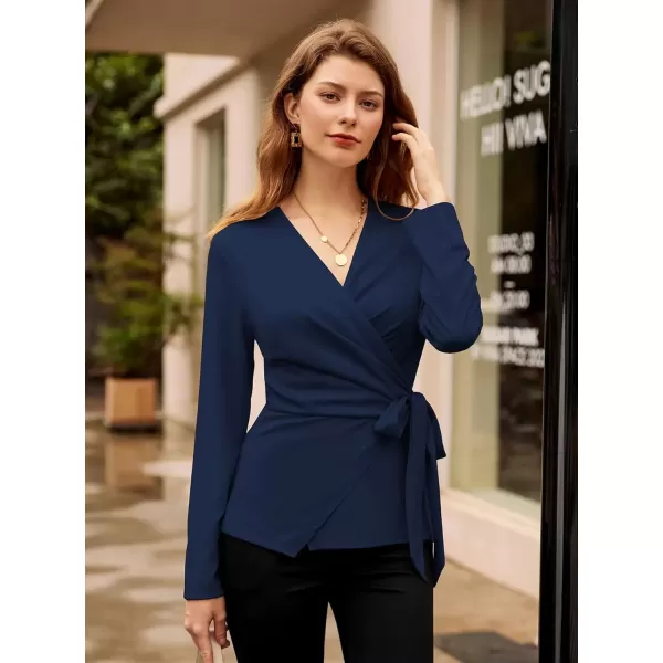 imageGRACE KARIN 2024 Womens Wrap V Neck Blouses Dressy Casual Long Sleeve Shirts Ruched Tie Front Wear to Work Peplum TopsNavy Blue