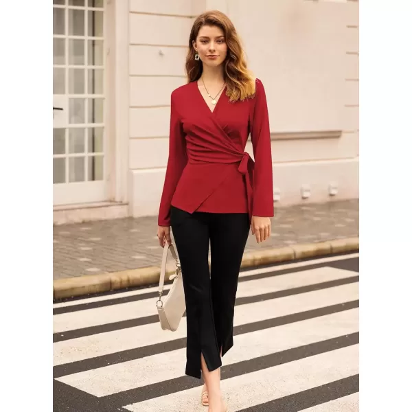 imageGRACE KARIN 2024 Womens Wrap V Neck Blouses Dressy Casual Long Sleeve Shirts Ruched Tie Front Wear to Work Peplum TopsRed