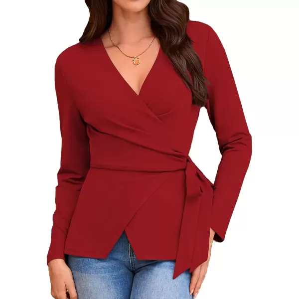 imageGRACE KARIN 2024 Womens Wrap V Neck Blouses Dressy Casual Long Sleeve Shirts Ruched Tie Front Wear to Work Peplum TopsRed