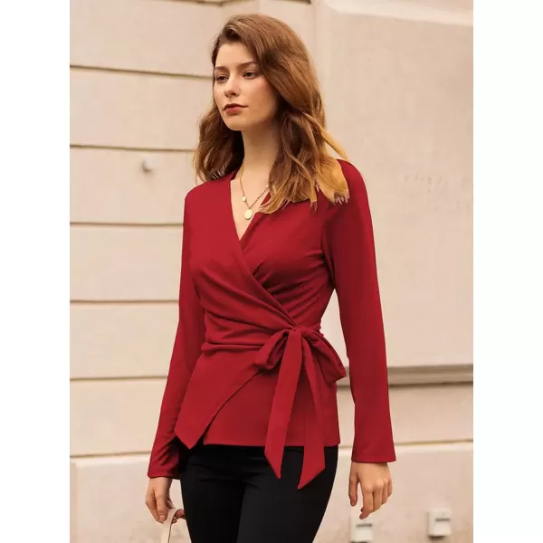 imageGRACE KARIN 2024 Womens Wrap V Neck Blouses Dressy Casual Long Sleeve Shirts Ruched Tie Front Wear to Work Peplum TopsRed