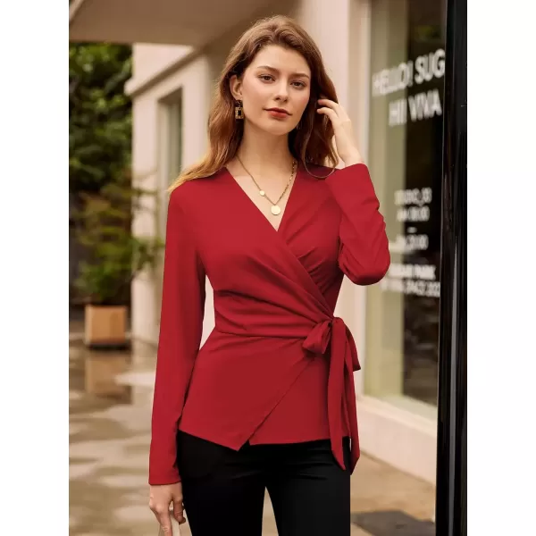 imageGRACE KARIN 2024 Womens Wrap V Neck Blouses Dressy Casual Long Sleeve Shirts Ruched Tie Front Wear to Work Peplum TopsRed