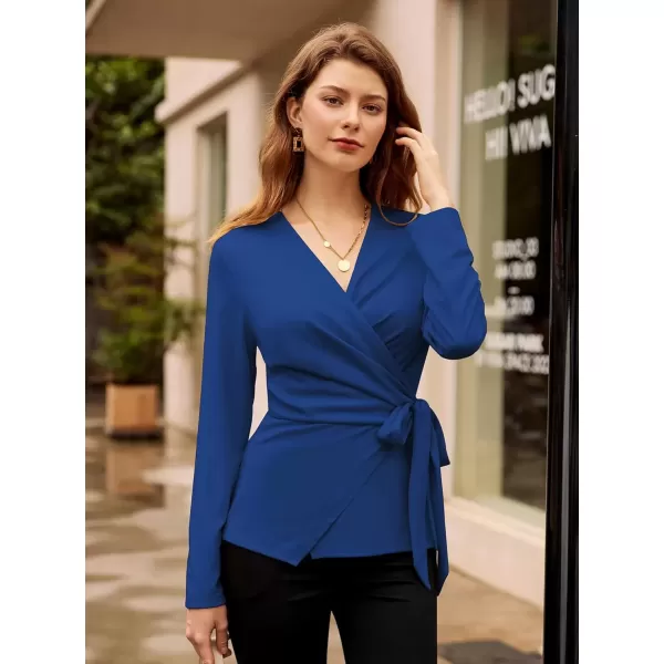 imageGRACE KARIN 2024 Womens Wrap V Neck Blouses Dressy Casual Long Sleeve Shirts Ruched Tie Front Wear to Work Peplum TopsRoyal Blue