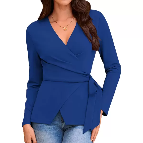 imageGRACE KARIN 2024 Womens Wrap V Neck Blouses Dressy Casual Long Sleeve Shirts Ruched Tie Front Wear to Work Peplum TopsRoyal Blue