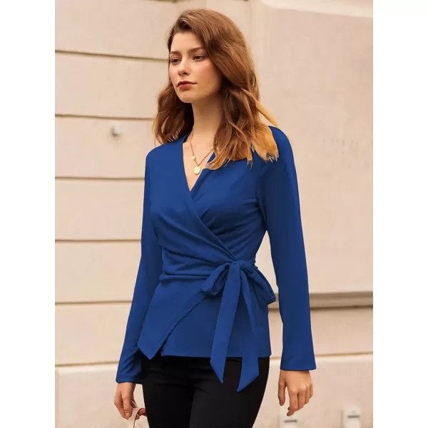 imageGRACE KARIN 2024 Womens Wrap V Neck Blouses Dressy Casual Long Sleeve Shirts Ruched Tie Front Wear to Work Peplum TopsRoyal Blue