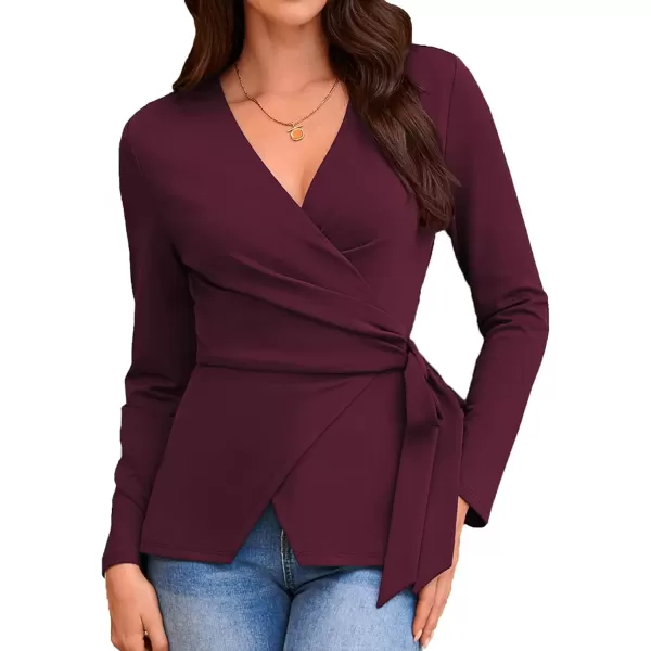 imageGRACE KARIN 2024 Womens Wrap V Neck Blouses Dressy Casual Long Sleeve Shirts Ruched Tie Front Wear to Work Peplum TopsWine Red