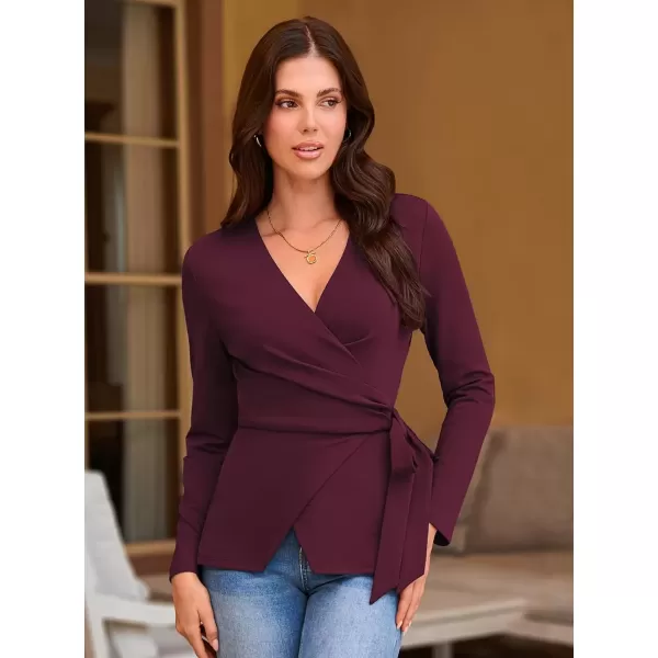 imageGRACE KARIN 2024 Womens Wrap V Neck Blouses Dressy Casual Long Sleeve Shirts Ruched Tie Front Wear to Work Peplum TopsWine Red