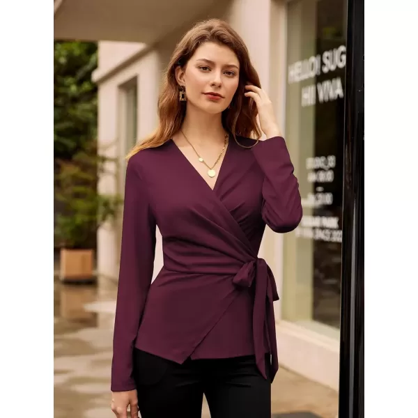 imageGRACE KARIN 2024 Womens Wrap V Neck Blouses Dressy Casual Long Sleeve Shirts Ruched Tie Front Wear to Work Peplum TopsWine Red