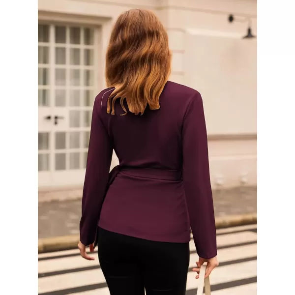 imageGRACE KARIN 2024 Womens Wrap V Neck Blouses Dressy Casual Long Sleeve Shirts Ruched Tie Front Wear to Work Peplum TopsWine Red