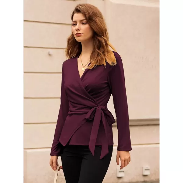 imageGRACE KARIN 2024 Womens Wrap V Neck Blouses Dressy Casual Long Sleeve Shirts Ruched Tie Front Wear to Work Peplum TopsWine Red