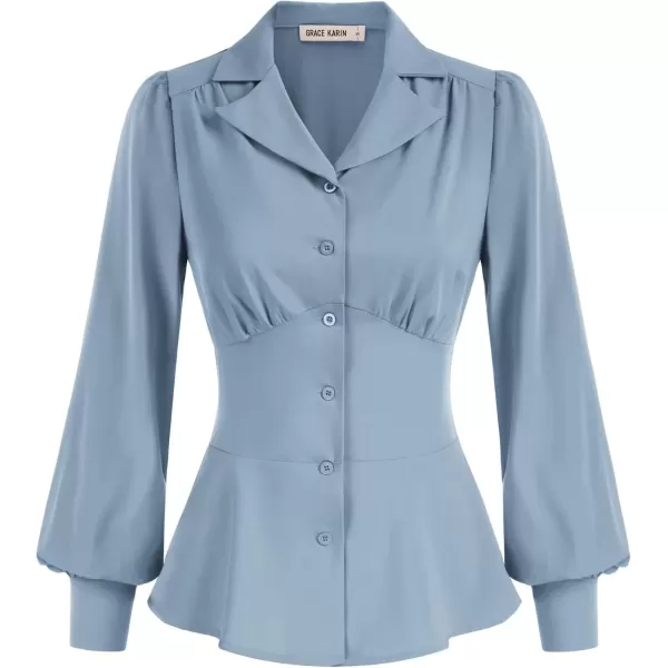 imageGRACE KARIN Button Down Shirts for Women Fall Peplum Tops Long Sleeve Work Blouse Collared Shirt Dressy TopBlue