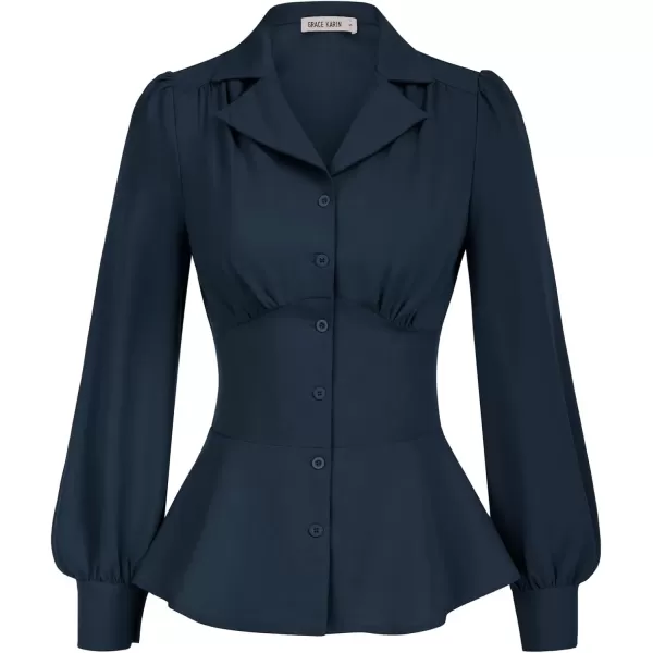 imageGRACE KARIN Button Down Shirts for Women Fall Peplum Tops Long Sleeve Work Blouse Collared Shirt Dressy TopNavy Blue