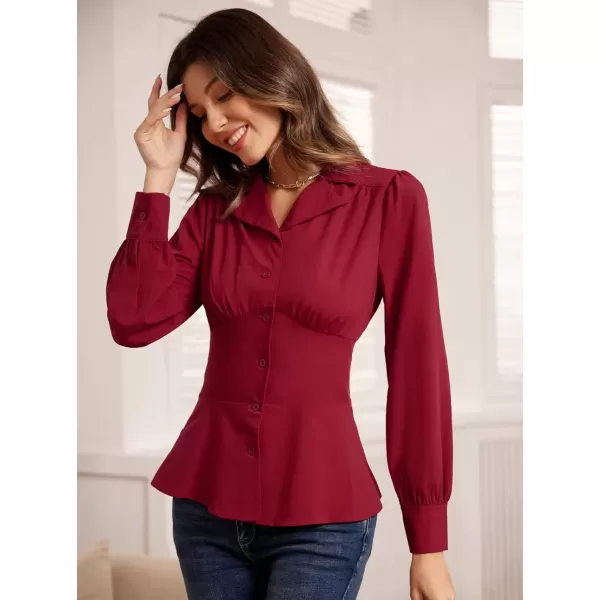 imageGRACE KARIN Button Down Shirts for Women Fall Peplum Tops Long Sleeve Work Blouse Collared Shirt Dressy TopWine Red