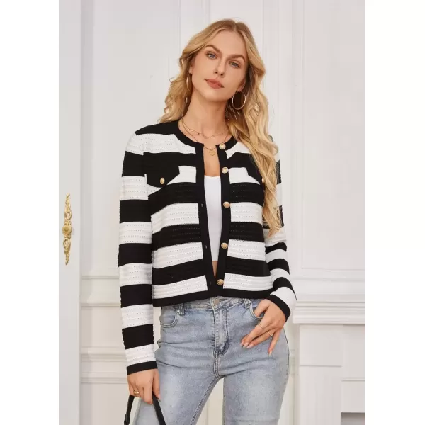 imageGRACE KARIN Womens Knit Cardigan Sweaters Long Sleeve Open Front Button Down Trendy Jackets Lightweight Fall OutfitsBlack White Stripe