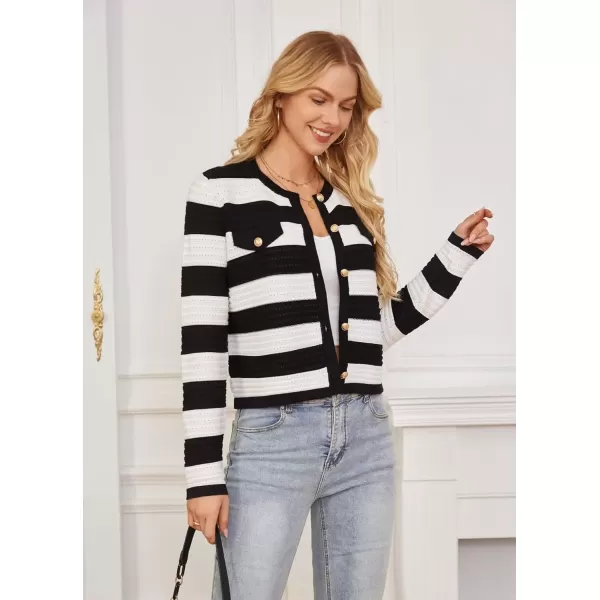 imageGRACE KARIN Womens Knit Cardigan Sweaters Long Sleeve Open Front Button Down Trendy Jackets Lightweight Fall OutfitsBlack White Stripe