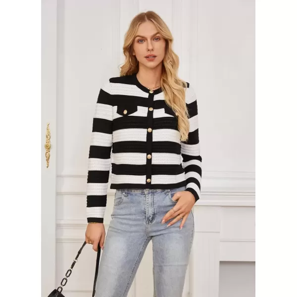 imageGRACE KARIN Womens Knit Cardigan Sweaters Long Sleeve Open Front Button Down Trendy Jackets Lightweight Fall OutfitsBlack White Stripe