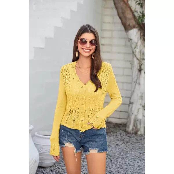 imageGRACE KARIN Womens Lightweight Cropped Crochet Cardigan Sweaters Summer Long Sleeve Hollow Out Knit V Neck Bolero ShrugYellow