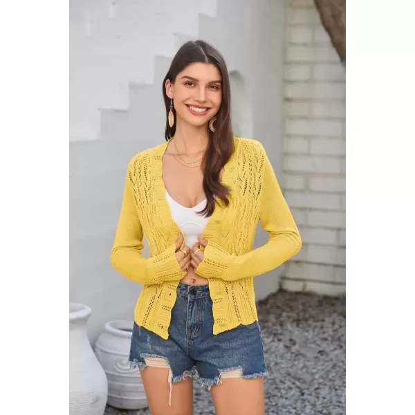 imageGRACE KARIN Womens Lightweight Cropped Crochet Cardigan Sweaters Summer Long Sleeve Hollow Out Knit V Neck Bolero ShrugYellow