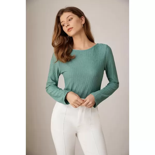 imageGRACE KARIN Texture Tops for Women Long Sleeve Boat Neck Tops Basic Tees Shirt Blouse Fall Outfits 2024 Tunic TopsLight Green