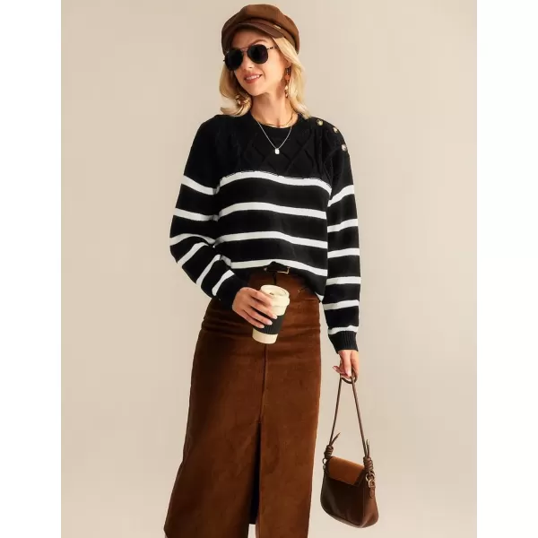imageGRACE KARIN Womens 2024 Fall Winter Striped Sweater Oversized Crew Neck Cable Knit Sweater Button Shoulder Pullover TopsBlack