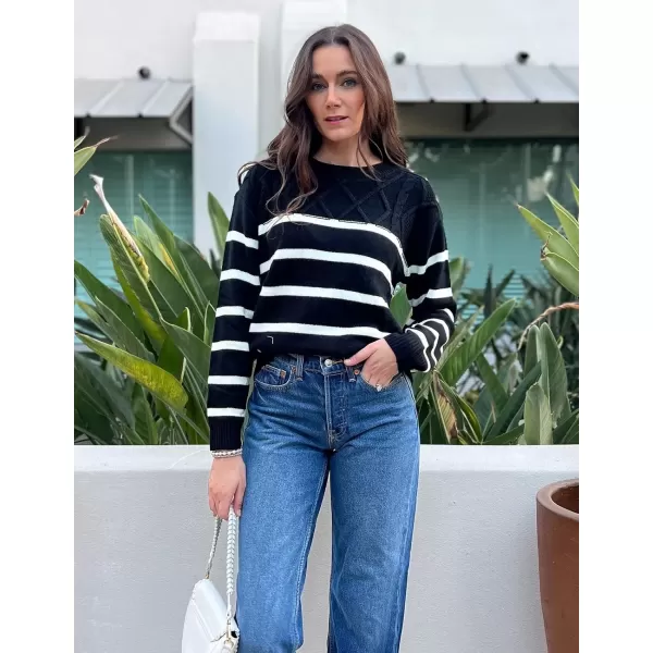 imageGRACE KARIN Womens 2024 Fall Winter Striped Sweater Oversized Crew Neck Cable Knit Sweater Button Shoulder Pullover TopsBlack