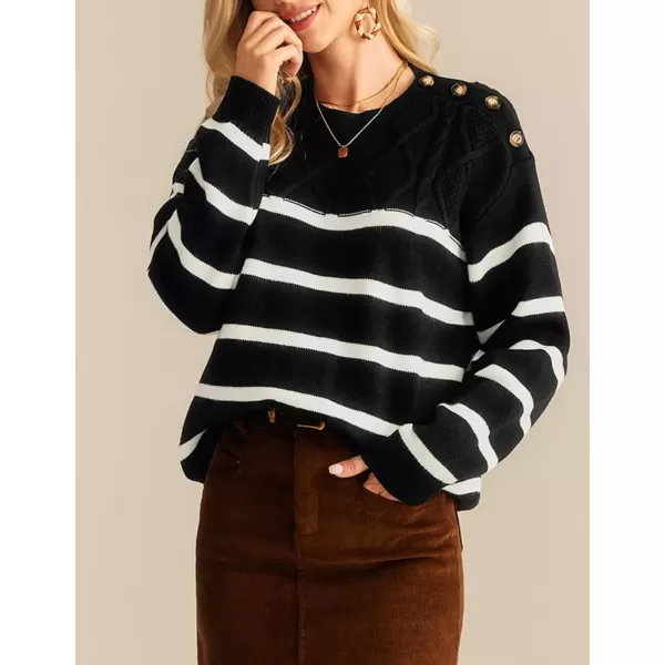 imageGRACE KARIN Womens 2024 Fall Winter Striped Sweater Oversized Crew Neck Cable Knit Sweater Button Shoulder Pullover TopsBlack