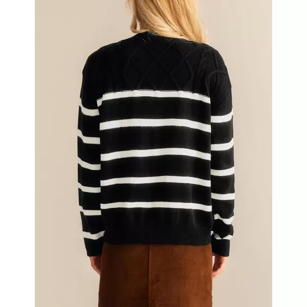 imageGRACE KARIN Womens 2024 Fall Winter Striped Sweater Oversized Crew Neck Cable Knit Sweater Button Shoulder Pullover TopsBlack
