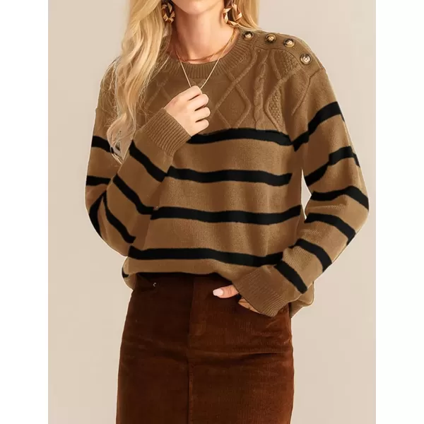 imageGRACE KARIN Womens 2024 Fall Winter Striped Sweater Oversized Crew Neck Cable Knit Sweater Button Shoulder Pullover TopsKhaki