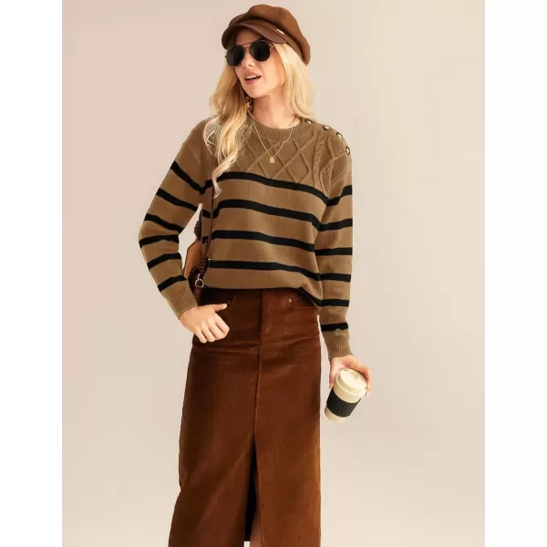 imageGRACE KARIN Womens 2024 Fall Winter Striped Sweater Oversized Crew Neck Cable Knit Sweater Button Shoulder Pullover TopsKhaki