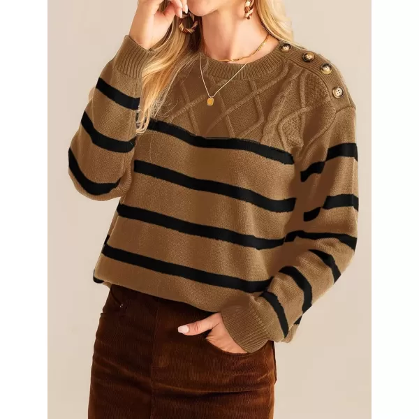 imageGRACE KARIN Womens 2024 Fall Winter Striped Sweater Oversized Crew Neck Cable Knit Sweater Button Shoulder Pullover TopsKhaki