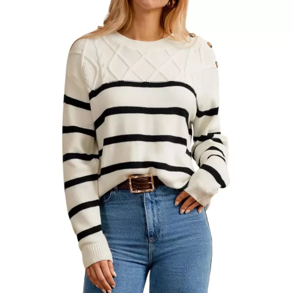 imageGRACE KARIN Womens 2024 Fall Winter Striped Sweater Oversized Crew Neck Cable Knit Sweater Button Shoulder Pullover TopsWhite