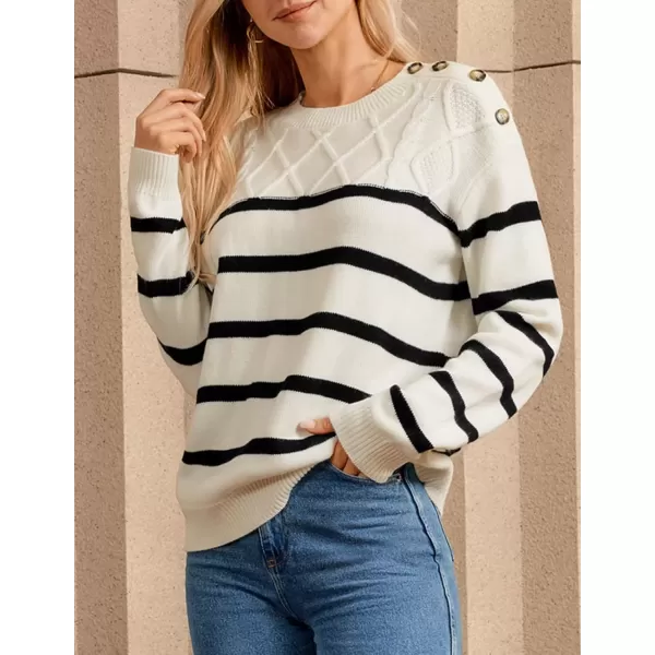 imageGRACE KARIN Womens 2024 Fall Winter Striped Sweater Oversized Crew Neck Cable Knit Sweater Button Shoulder Pullover TopsWhite